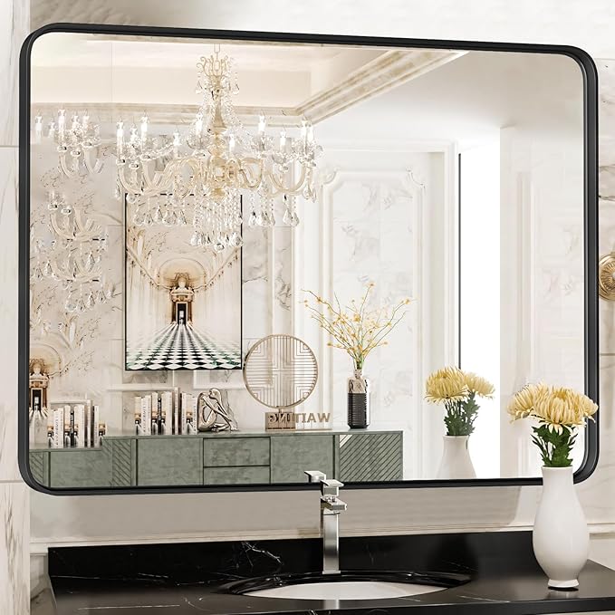 NEWBULIG 30"x40" Black Wall Mirror, Bathroom Mirrors for Over Sink, Matte Metal Framed Vanity Mirror with Tempered Glass, Entryway, Living Room, Bedroom