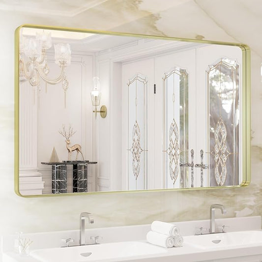 WEER Gold Bathroom Mirror, 50X30 Inch Brushed Gold Metal Frame Mirror, Rounded Rectangle Gold Bathroom Vanity Mirror for Wall, Tempered Glass, Anti-Rust, Hangs Horizontally or Vertically