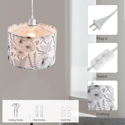 2 Pack Plug in Pendant Light, Hanging Light with 15Ft Clear Cord, On/Off Switch, Flower Fabric Lamp Shade, Hanging Light Fixture for Bedroom, Kitchen, Living Room, Dining Table