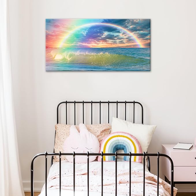 DJSYLIFE Rainbow Wall Decor - Ocean Canvas Wall Art Modren for Girls Room Seascape View Wave Painting Artwork Home Living Room Bedroom Bathroom Decorations Framed Ready to Hang 20" x 40"