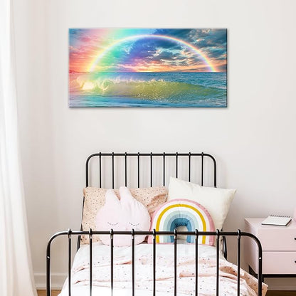 DJSYLIFE Rainbow Wall Decor - Ocean Canvas Wall Art Modren for Girls Room Seascape View Wave Painting Artwork Home Living Room Bedroom Bathroom Decorations Framed Ready to Hang 20" x 40"