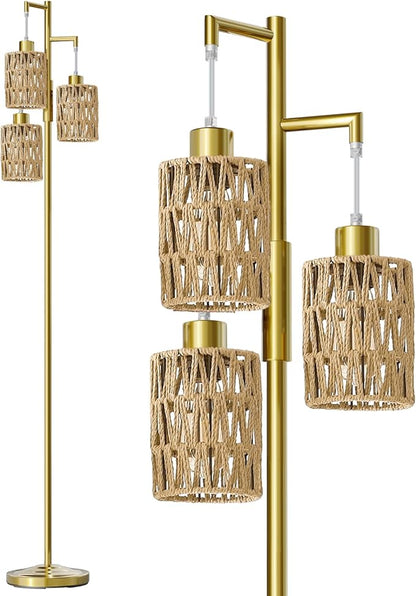 Oneach 70" Floor Lamps for Living Room, Stepless Dimmable Boho Floor Lamp with 3 Bulbs, Tall Farmhouse Industrial Corner Standing Tree Lamp for Bedroom, Office, Study Room, Dining Room, Gold