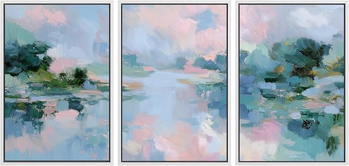 SIGNLEADER Framed Canvas Print Wall Art Set Soft Pastel Lake Landscape Illustrations Minimal Decorative Bohemian Nordic for Living Room, Bedroom, Office - 16"x24"x3 WHITE