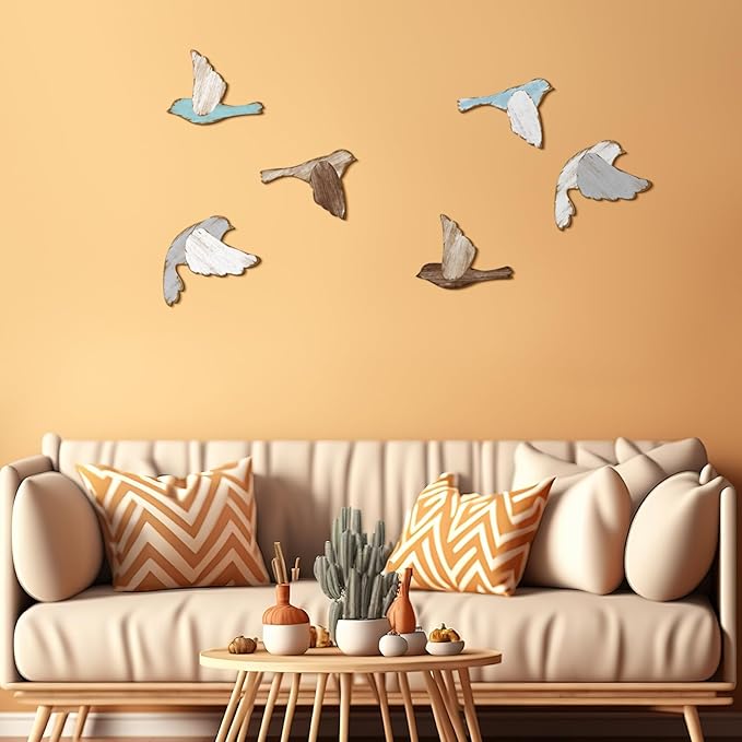 Wesiti 6 Pcs Rustic Bird Wall Art Farmhouse Wooden Flying Bird Rusty Scandinavian Home Wall Decor Art for Home Decorations Living Room Bedroom