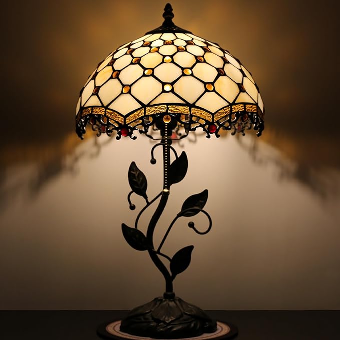 Tiffany Lamp Stained Glass Style Table Lamp Beads Style Bedside Desk Reading Light W12H19 Inch Metal Leaf Base with Metal Leaf Base