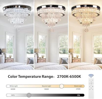 Crystal Chandeliers Modern Crystal Chandelier Flush Mount Ceiling Light Fixture with Remote Control for Bedroom Dining Room Living Room (16 inch Dimmable)