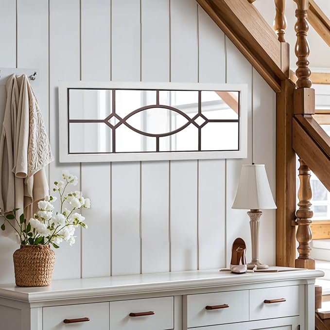 Farmhouse Mirror for Wall Decor: 43.3" x 17.7" Large Rustic Windowpane Mirrors with Wooden Frame- Decorative Entryway Mirror for Living Room/Bedroom/Hallway/Fireplace