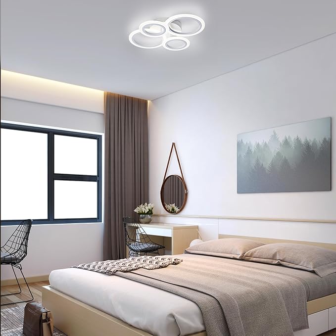 Modern LED Flush Mount Ceiling Light, 4 Rings White Close to Ceiling Light Fixtures, Kitchen Lighting Fixture Ceiling Lamp for Bedroom, Living Room, Laundry Room, 4000K Not Dimmable