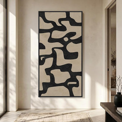 Large Framed Neutral Abstract Wall Art, Vertical Black Beige Geometric Canvas Prints Paintings Artwork for Walls, Mid Century Modern Pictures Wall Decor for Hallway Living Room Bedroom Dining 30x60