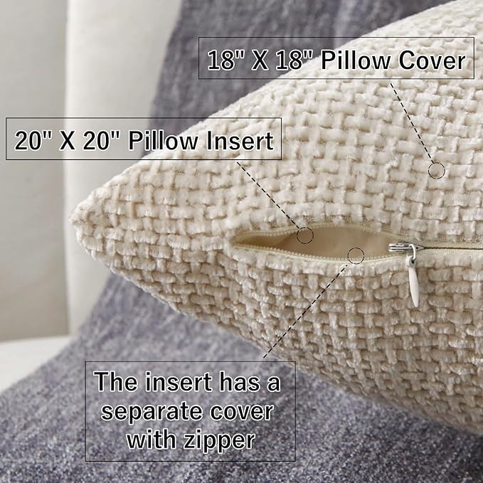 18" x 18" Decorative Throw Pillow with Inserts, Set of 2 Soft Modern Farmhouse Weave Pattern Throw Pillows, Square Boho Pillow for Couch, Bed, Sofa Decor (Beige, 18" x 18"(Pack of 2))