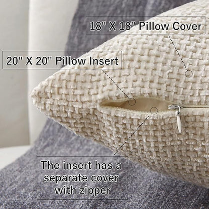 18" x 18" Decorative Throw Pillow with Inserts, Set of 2 Soft Modern Farmhouse Weave Pattern Throw Pillows, Square Boho Pillow for Couch, Bed, Sofa Decor (Beige, 18" x 18"(Pack of 2))