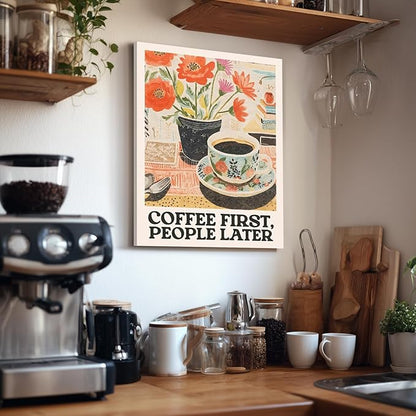 GELDSTEI Framed Retro Coffee Wall Art, Vintage Cafe Wall Decor, Coffee First People Later Canvas Painting, Classical Cafe Bar Poster Print for Kitchen Dining Room Home Office Ready to Hang 12x16 Inch