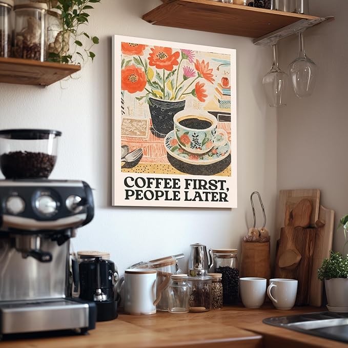 GELDSTEI Framed Retro Coffee Wall Art, Vintage Cafe Wall Decor, Coffee First People Later Canvas Painting, Classical Cafe Bar Poster Print for Kitchen Dining Room Home Office Ready to Hang 16x24 Inch
