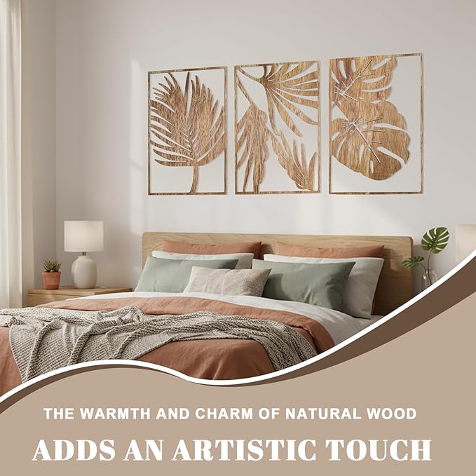 Jinzhenhong 3Pcs Modern Wooden Wall Sculptures, Leaf Sign Vintage Tropical Plant Wall, Wood Rustic Palm Leaf Wall Art Decor for Living Room Bathroom Bedroom Office (Leaf 1 Dark Brown)