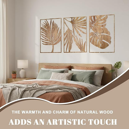 Jinzhenhong 3Pcs Modern Wooden Wall Sculptures, Leaf Sign Vintage Tropical Plant Wall, Wood Rustic Palm Leaf Wall Art Decor for Living Room Bathroom Bedroom Office (Leaf 1 Dark Brown)