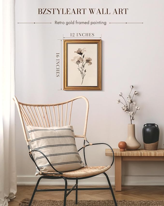 Bzstyleart Vintage Wall Art Decor for Living Room, Canvas Framed Flower Wall Art, Sketch Poppy Flower Picture Painting, Vintage Room Decor Aesthetic for Bedroom Kitchen, California, 12L x 16W