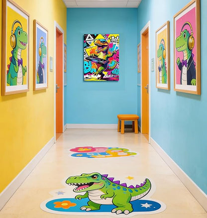16x24 Inch Graffiti DJ Dinosaur Canvas Wall Art Prints, Colorful Music T-Rex with Turntable & Sunglasses Pop Decor, Vibrant Street Art for Teen Boy Game Room & Living Room, Funny Kids Bedroom Poster