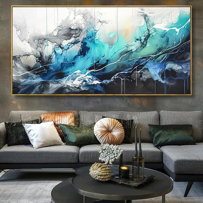 Wall Art Abstract Canvas Painting Teal Blue Modern Artwork for Living Room Bedroom Dining Room Home Office Decor 24"x48" with Framed