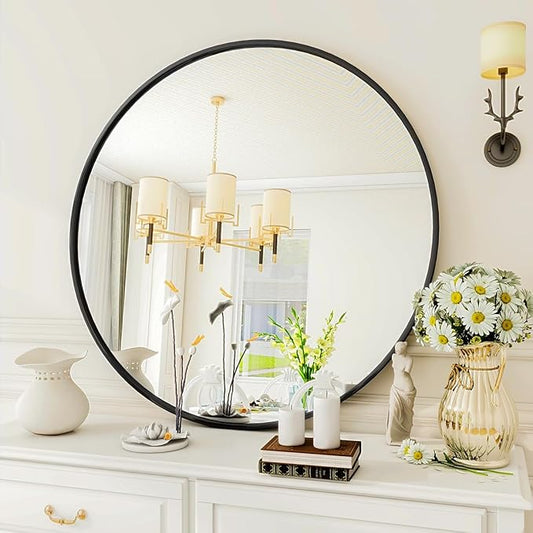 VooBang Black Round Mirror, 23" Circle Mirror, Round Wall Mirror with Simple Metal Frame, Modern Round Mirror Hanging for Bathroom, Bedroom, Entryway Wall Decoration