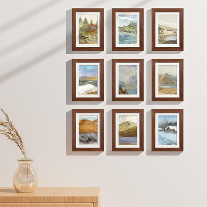 Vittanly 5x7 Picture Frames Set of 9, Display 4x6 Pictures with Mat or 5x7 without Mat, Photo Frames for Wall or Tabletop with Plexiglass, Engineered Wood, Wood Grain Brown