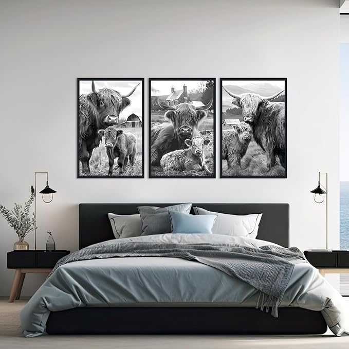 Vintage Scottish Cow Family Canvas Wall Art Rustic Highland Cow & Calf Poster Wall Decor Black White Western Farm Animals Artwork for Apartment Bedroom Country Decoration 24x36inchx3pcs,Framed