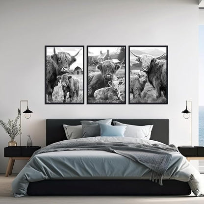 Vintage Scottish Cow Family Canvas Wall Art Rustic Highland Cow & Calf Poster Wall Decor Black White Western Farm Animals Artwork for Apartment Bedroom Country Decoration 24x36inchx3pcs,Framed