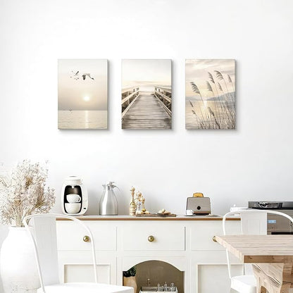 WENGTIAO 3Pcs Seascape Wall Art Beige Reeds Sunset Canvas Paintings Ocean Beach Scenic Prints Pictures Rustic Bridge Boardwalk Wall Decor Seagulls Artwork Posters for Living Room Bedroom 12”x16”x3