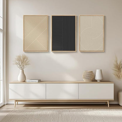 Framed Neutral Abstract Wall Art for Living Room, Set of 3 Piece Boho Modern Beige Canvas Artworks for Walls, Minimalist Geometric Painting Prints for Bedroom Hallway Home Office Wall Decor, 16x24 In