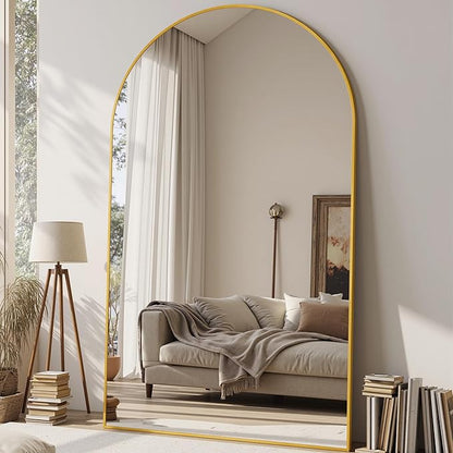 Suidia 76"x44" Arched Full Length Mirror with Stand, Full Body Mirror with Aluminum Frame, Freestanding/Leaning/Wall-Mounted, Floor Mirrors for Bedroom, Living Room, Entryway, Dressing Room, Gold