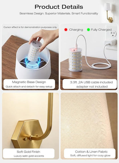 CLOUDY BAY 10000mAh Battery Operated Wall Sconces,Up to 100 Hours with Rechargeable RGB Dimmable Magnetic Bulb,Cordless Wall Lighting Fixtures with Remote for Bedroom,Soft Gold,2 Pack-17.9inch