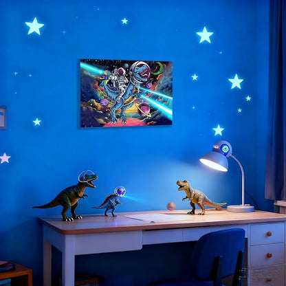 12x16 Space Astronaut Dinosour Star Wars Canvas Picture Wall Art Watercolor Framed Prints Teen Boy T-Rax in Galaxy Cosmic Home Decor Painting Kids Bedroom Painting Child Room Funny Poster Kids Bathroom Photo