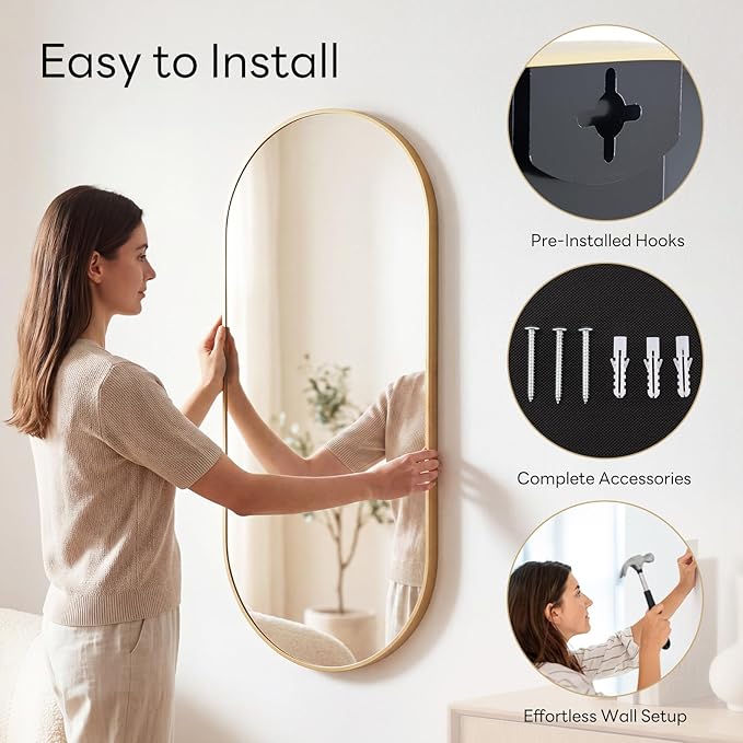 Sweetcrispy 24" x 48" Gold Bathroom Mirror for Wall, Oval Wall Mirror with Metal Frame, Tempered Glass, Modern Vanity Mirror for Over Sink, Living Room, Bedroom, Entryway, Horizontal or Vertical