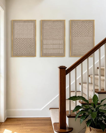 PHOPAGO Boho Mid-Century Modern Framed Wall Art Large 16x24in Minimalist Geometric Neutral Wall Decor Bohemain Artwork Home Office Dining Room Decor - Natural Framed