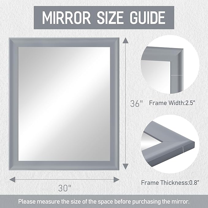 Bathroom Mirror 30x36 Inch, Grey Framed Rectangle Mirrors with Tempered Glass for Bathroom,Living Room or Entryway