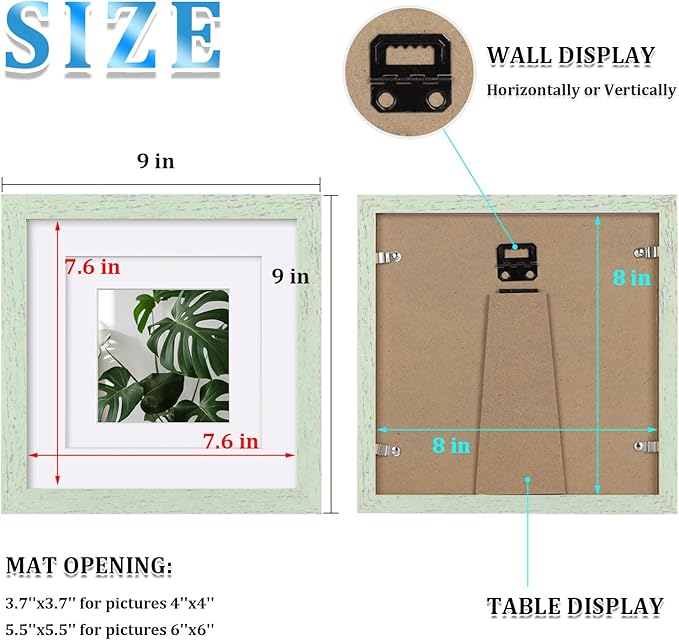 Egofine 8x8 Picture Frame 4PCS, Made of Solid Wood Covered by Plexiglass Display 4x4/6x6 with Mat or 8x8 without Mat, for Table Top Display and Wall Mounting Photo Frame, Rustic Green