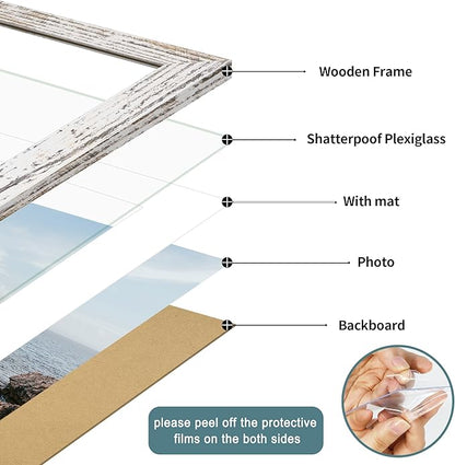 iRahmen 16x20 Picture Frame Set of 2 with Plexiglass, Distressed White Wood Poster Frame Display 11x14 Picture with Mat or 16 x 20 Without Mat for Photo Wall Mounting