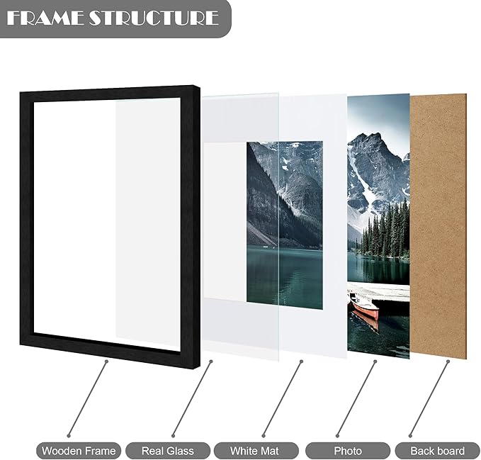 Hongkee 8x12 Black Picture Frames set of 3, Made of Wooden and Glass Photo frame - Displays 6x8 Picture with Mat or 8 x 12 Poster without Mat, Desktop & Wall Collage Frame set