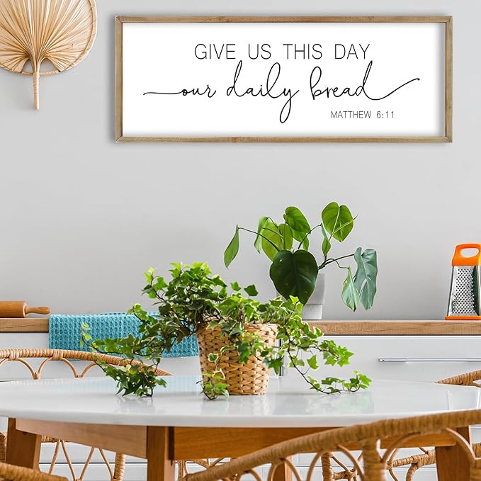 FZMHASLWW Dining Room Wall Decor Bible Verse Give Us This Day Our Daily Bread Christian Sign Plaque 32"×12" Matthew 6:11 for Farmhouse Kitchen Large Rustic Vintage Horizontal Wall Hanging Art (Wood)