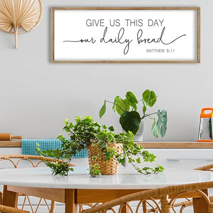 FZMHASLWW Dining Room Wall Decor Bible Verse Give Us This Day Our Daily Bread Christian Sign Plaque 32"×12" Matthew 6:11 for Farmhouse Kitchen Large Rustic Vintage Horizontal Wall Hanging Art (Wood)