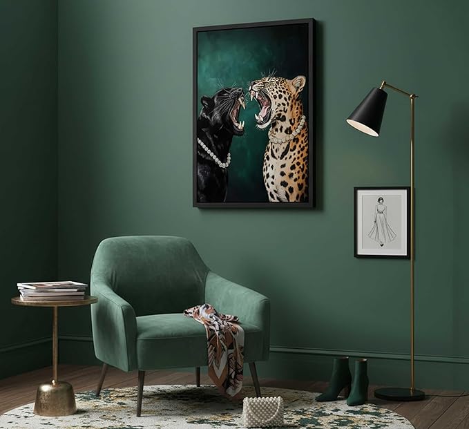 Framed Cheetah Canvas Wall Art Emerald Green Vintage Leopard Painting Picture Wall Decor Wild Animals Poster Print Artwork for Bedroom Living Room Apartment Home Decoration