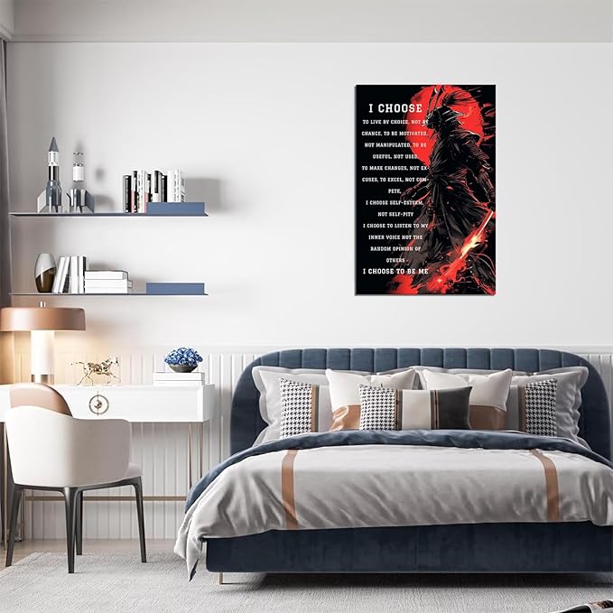Armored Samurai Wall Art I Choose to Live by Choice Canvas Prints Vintage Japanese Artwork Black Motivational Poster Inspirational Quotes Painting for Men Bedroom Living Room Office (28''W x 44''H)