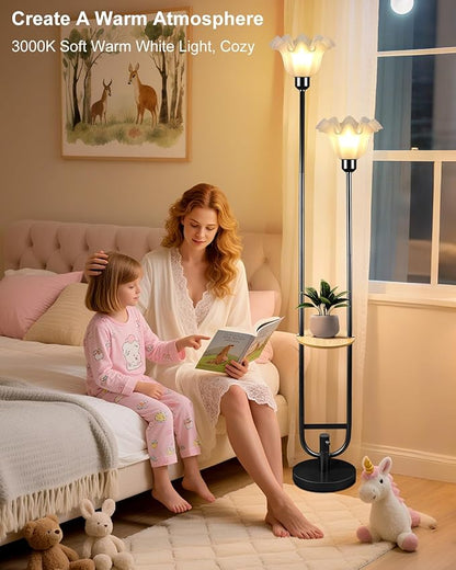 Dimmable Flower Floor Lamps with Table, 2-Lights Floral Floor Lamp, 3000K Warmwhite Modern Floor Lamp, Vintage Black Standing Lamp with 5Lbs Heavy Base for Living Room Bedroom
