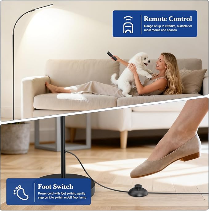 Floor Lamp, LED Floor Lamp with Remote Control Foot Switch for Living Room, Stepless Adjustable Colour Temperature Brightness Standing Lamp with Timer, Eye Caring Tall Lamp Reading for Bedroom,office