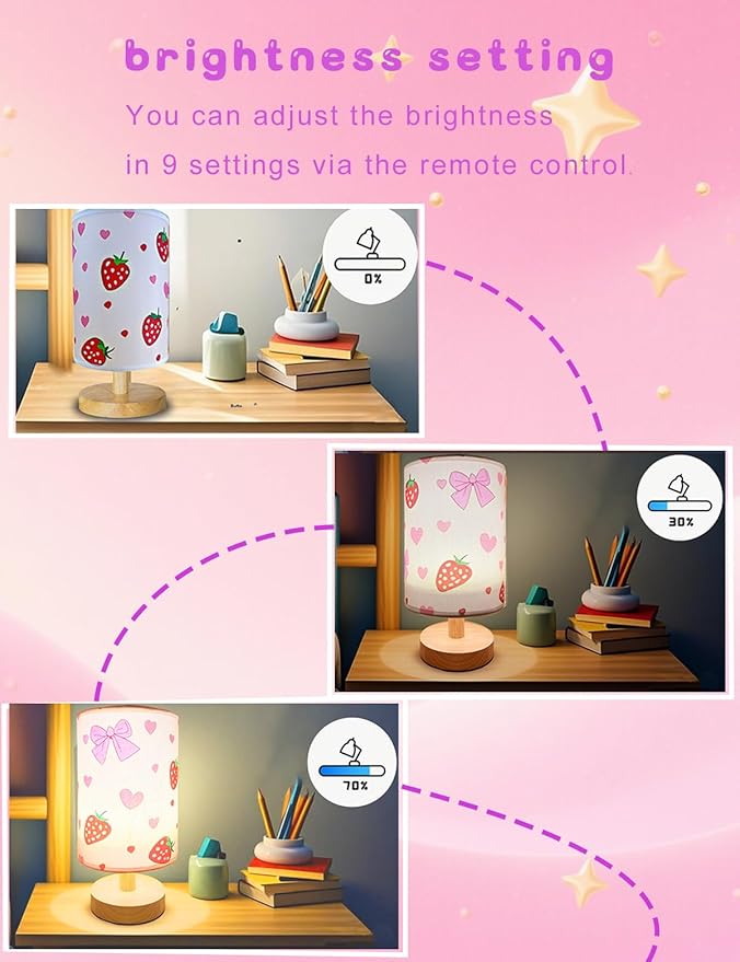Strawberry Lamp, Strawberry Room Decor for Girls,3 Color Changing LED Night Light with 9 Brightness Levels Wood Nightstand Desk Base Flaxen Fabric Shade for Bedroom Living Room (Pink strawberry)