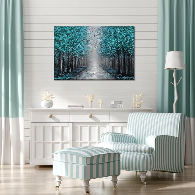 NutArtPic Forest Path Wall Art Teal Grey Canvas Forest Tree Artwork Paintings Wall Decor Fantasy Tree Picture Prints Wall Decoration 24''x36''