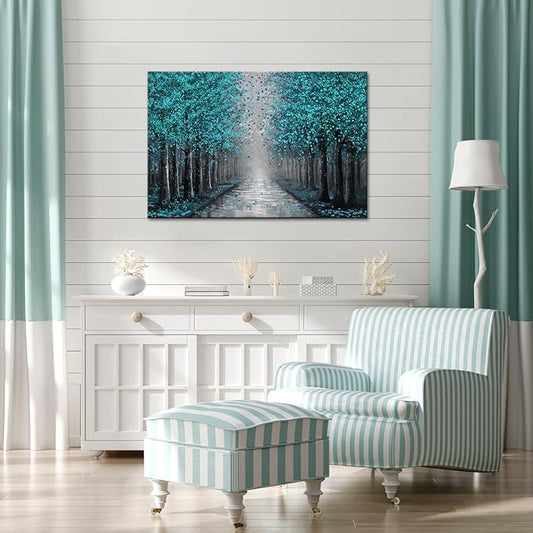 NutArtPic Forest Path Wall Art Teal Grey Canvas Forest Tree Artwork Paintings Wall Decor Fantasy Tree Picture Prints Wall Decoration 24''x36''