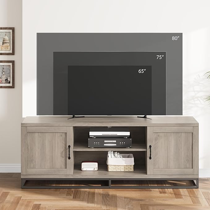 Garvee Farmhouse TV Stand for Living Room, Entertainment Center with 2-Tier Adjustable Shelves & Metal Leg, Wooden TV & Media Console Table for 75 Inch with Storage Compartments, Gray