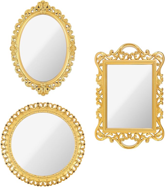 YEXEXINM 3 Styles Vintage Gold Mirror Set Decorative Antique Mirrors for Wall Hanging Vanity Table Mirrors with Stand Resin Frame Retro Mirror for Living Room, Bedroom, Dresser & Photography Decor