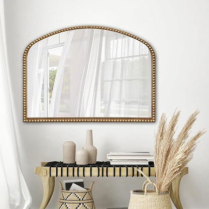 BAODANFU Vanity Mirror for Bedroom, 35" x 28" Large Arch Vintage Gold Wall Mirror, Beaded Frame Decorative Accent Mirrors for Washroom, Living Room, Entryway, Bathroom, Fireplace