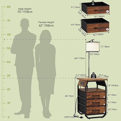 runjuly Floor Lamp with Table Set of 2, End Tables with Lamps Attached 3-Color Temperature Bulb, Side Table with Lamp with 3 Drawers & Charging, Lamps Tables Combo for Bedroom, Dorm - Rustic Brown
